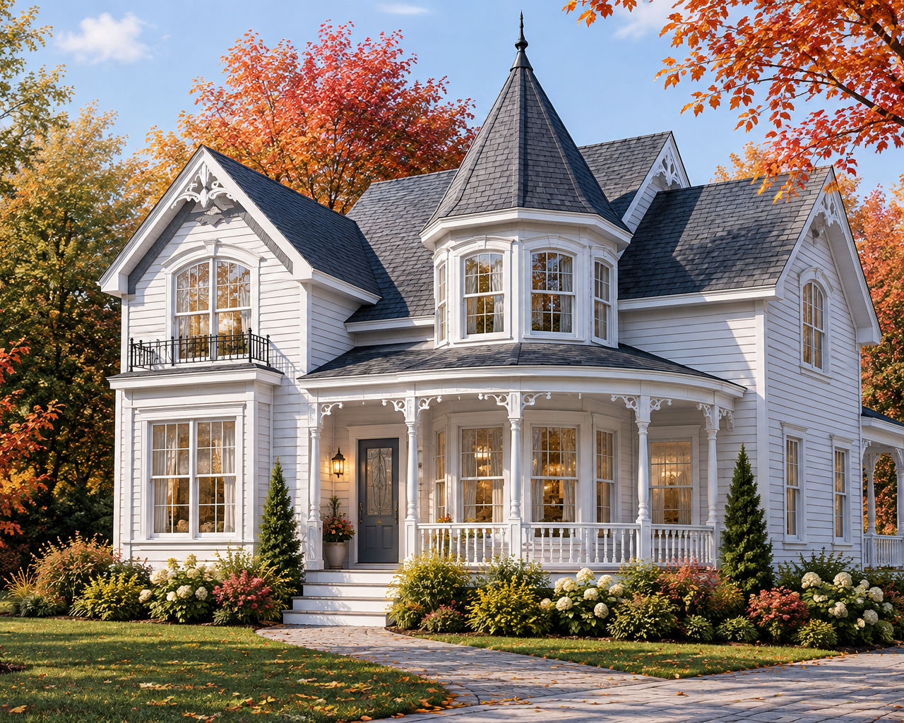 Plan de maison victorienne Grenoble #2572 avec tourelle, galerie décorative et pignons