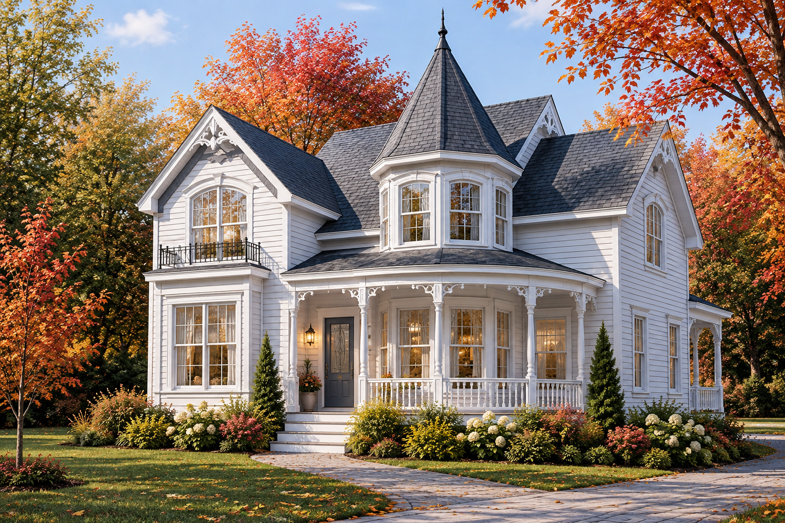 Plan de maison victorienne Grenoble #2572 avec tourelle, galerie décorative et pignons