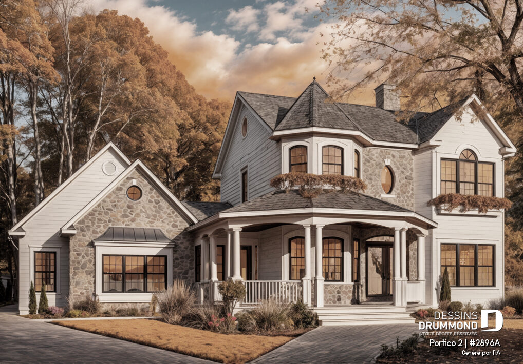 Plan de maison victorienne moderne Portico 2 #2896A avec galerie courbe et accents de pierre