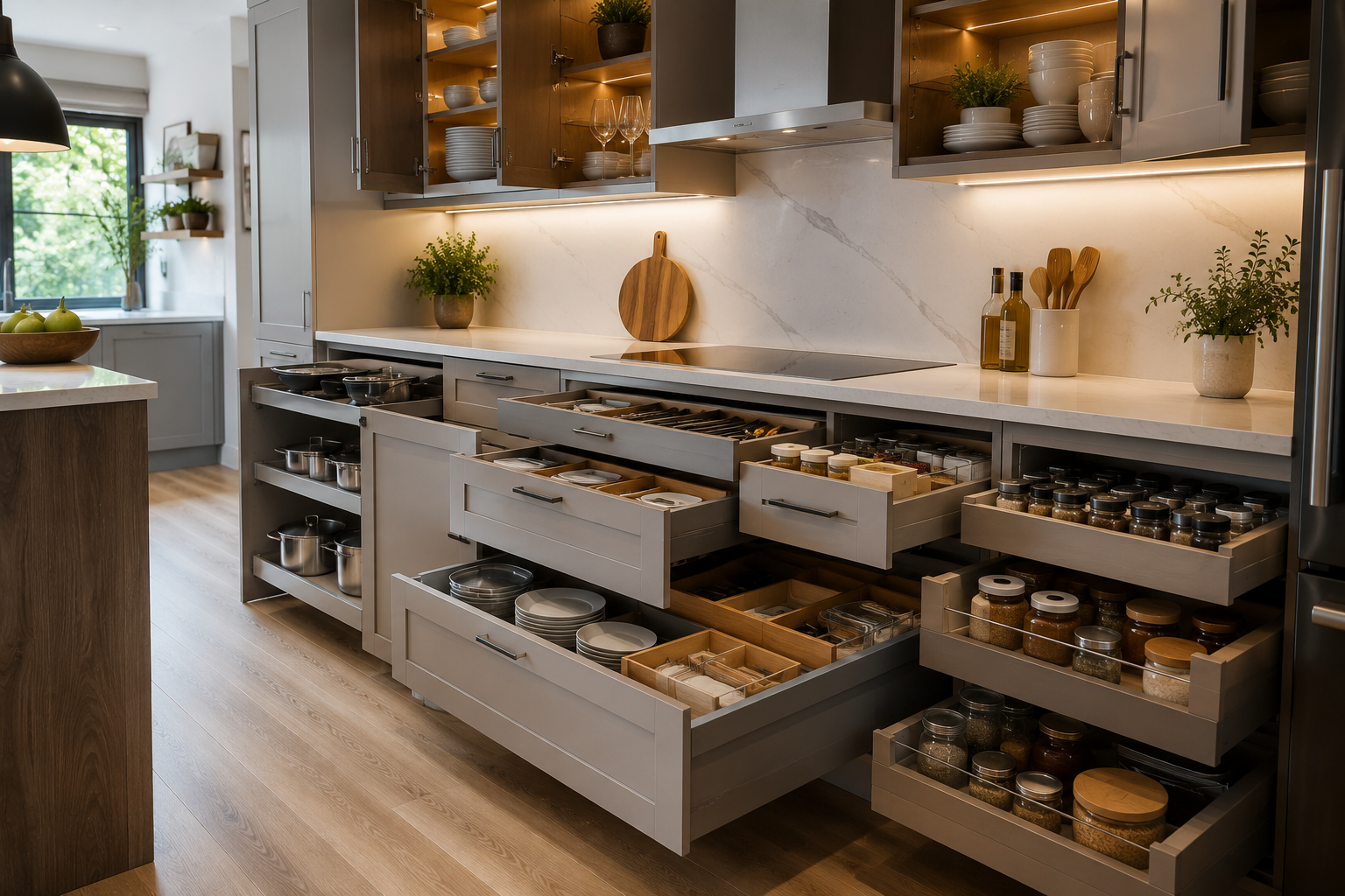 Cuisine moderne avec armoires, tiroirs profonds et rangements intérieurs ouverts et bien organisés