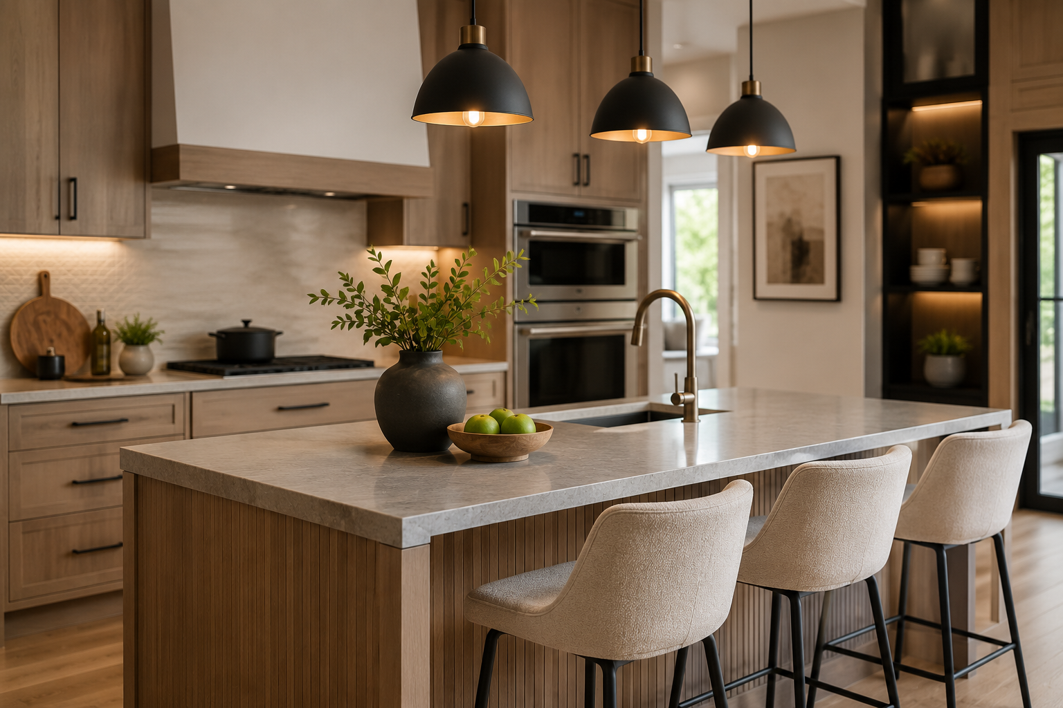 Cuisine rénovée avec éclairage sous les armoires, luminaires suspendus et hotte de ventilation