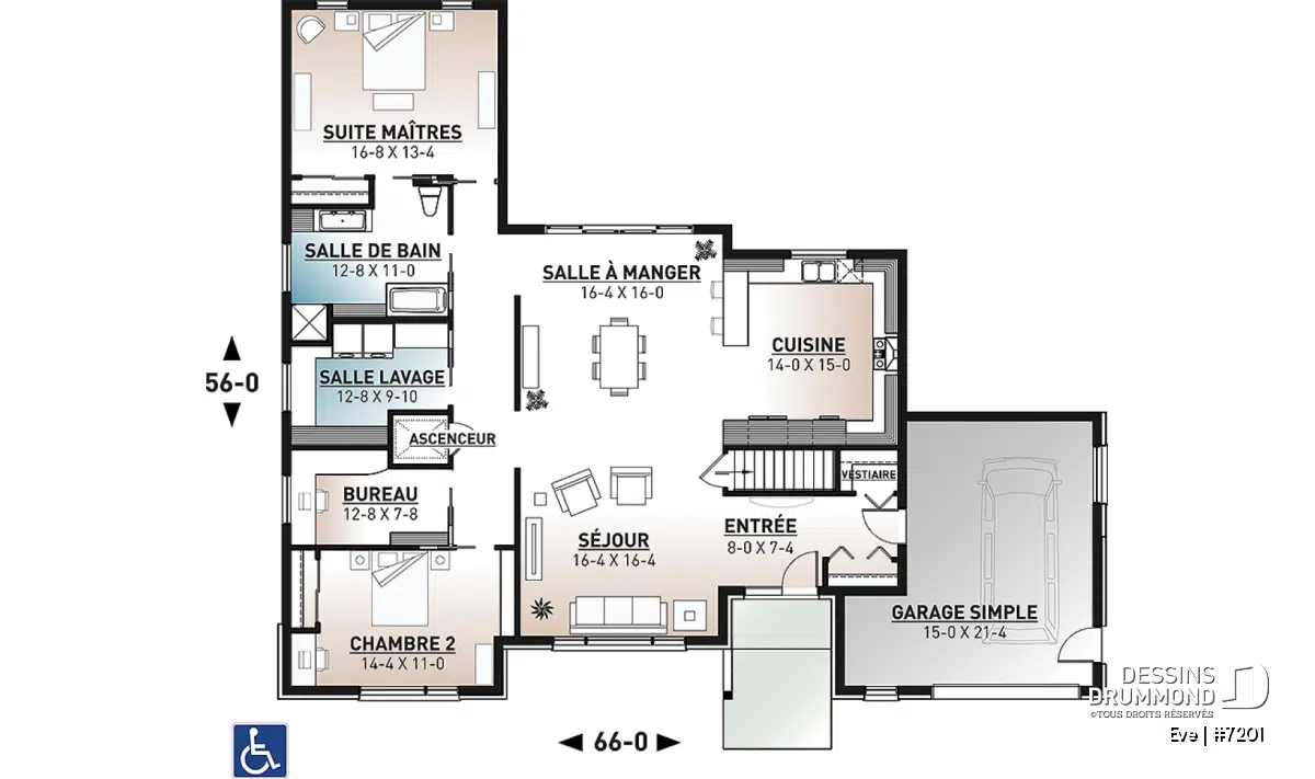 Plan d’étage de la maison adaptée Eve #7201 conçue pour faciliter les déplacements en fauteuil roulant