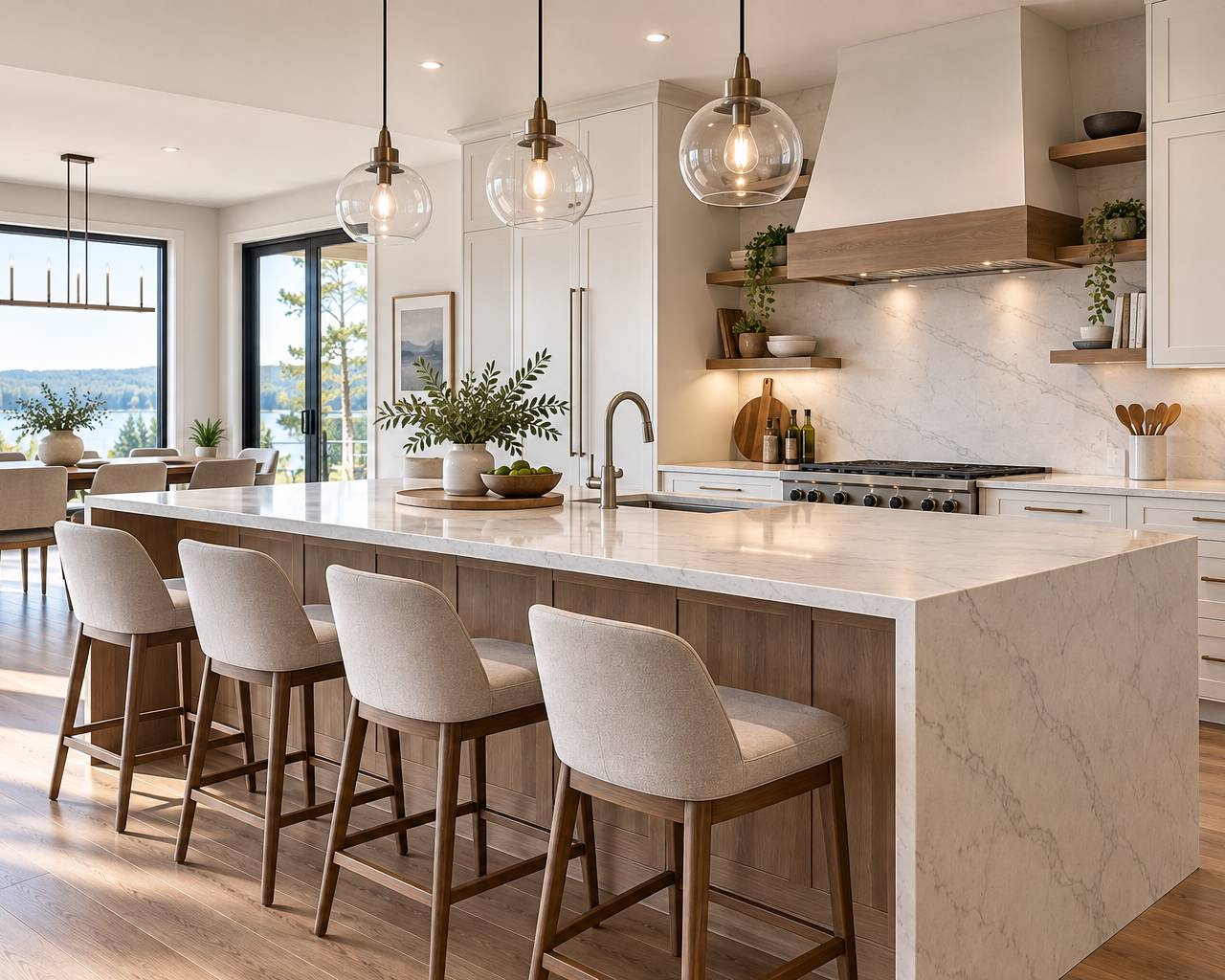 Modern kitchen island with seating, sink and open-concept layout