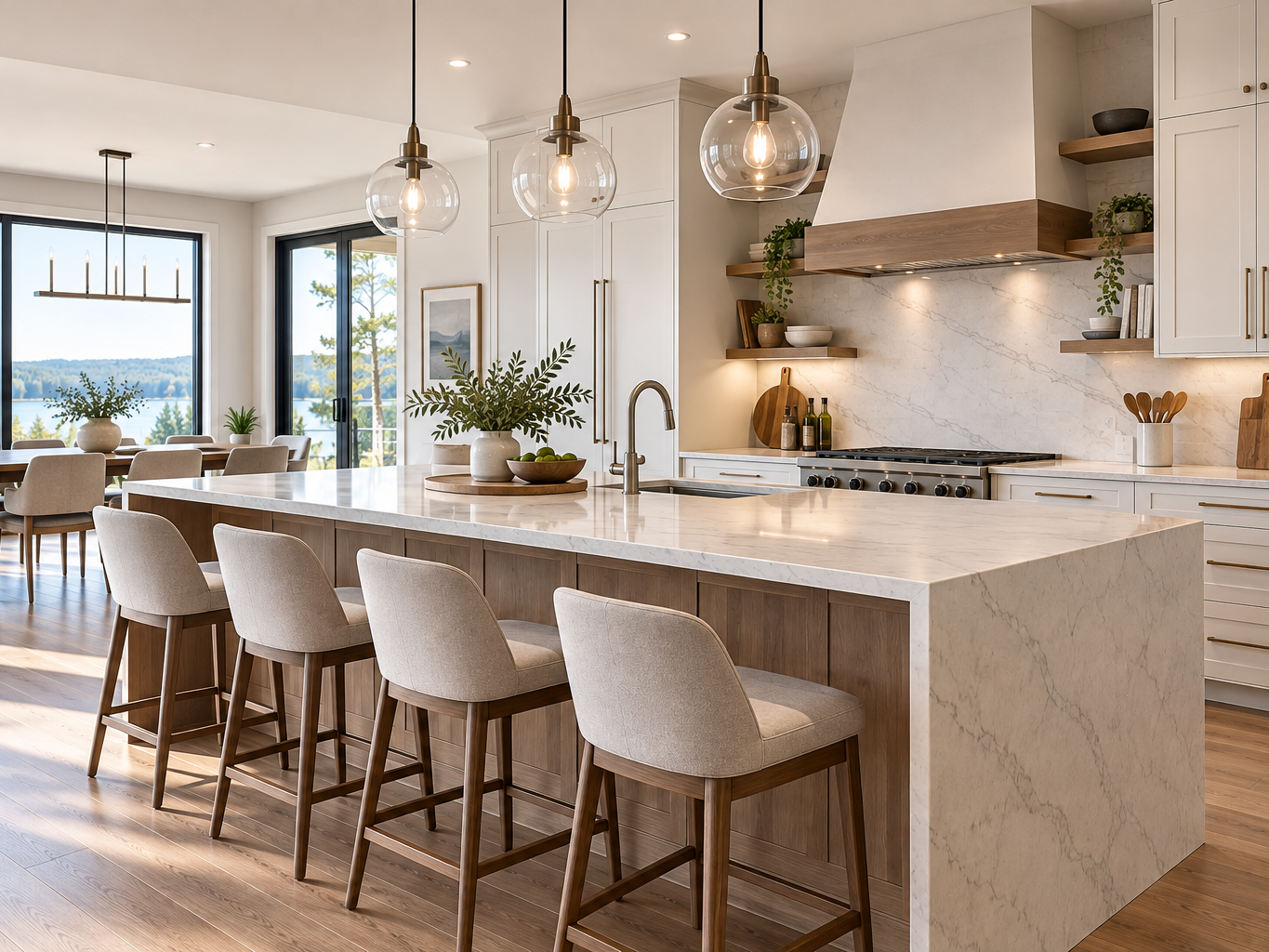 Modern kitchen island with seating, sink and open-concept layout