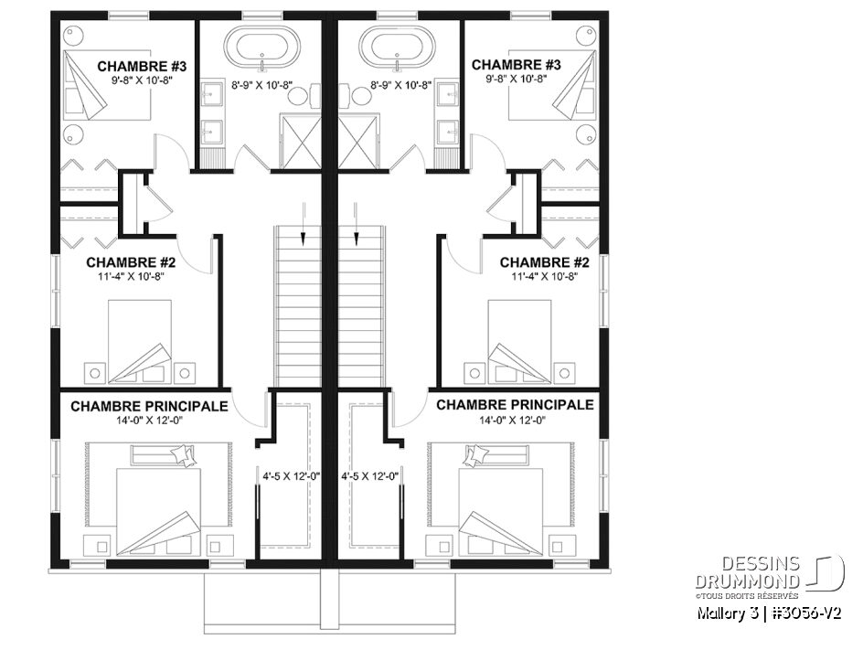 Plan de l’étage du jumelé Mallory 3 avec trois chambres et salle de bain familiale dans chaque unité.