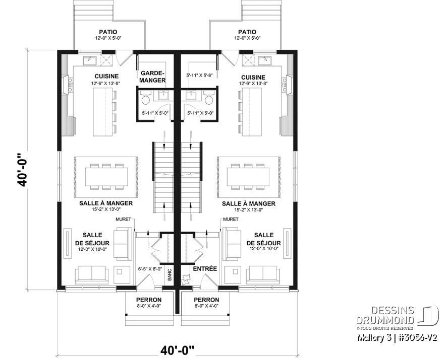 Plan du rez-de-chaussée du jumelé Mallory 3 avec aire ouverte, cuisine avec îlot et garde-manger.