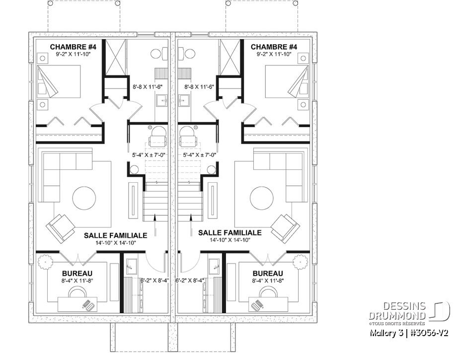 Plan du sous-sol aménagé optionnel du jumelé Mallory 3 avec salle familiale, chambre, bureau et salle de bain.