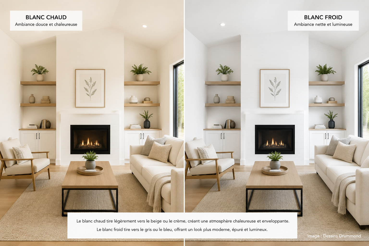 Comparaison entre un blanc chaud et un blanc froid dans un salon moderne afin de démontrer l’impact des nuances de blanc sur l’ambiance d’une pièce