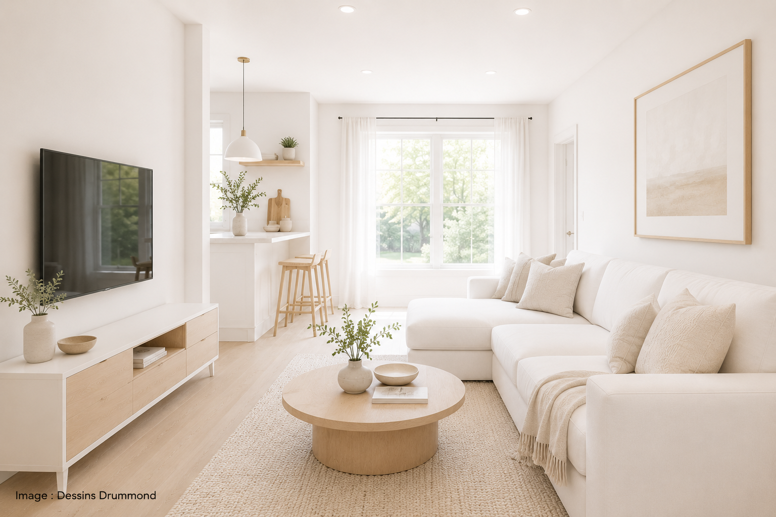 Petit salon moderne décoré avec des nuances de blanc afin d’agrandir visuellement l’espace et maximiser la luminosité naturelle