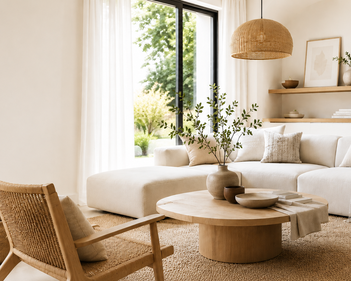 Salon moderne lumineux aux nuances de blanc chaud et textures naturelles inspiré des tendances actuelles en décoration intérieure