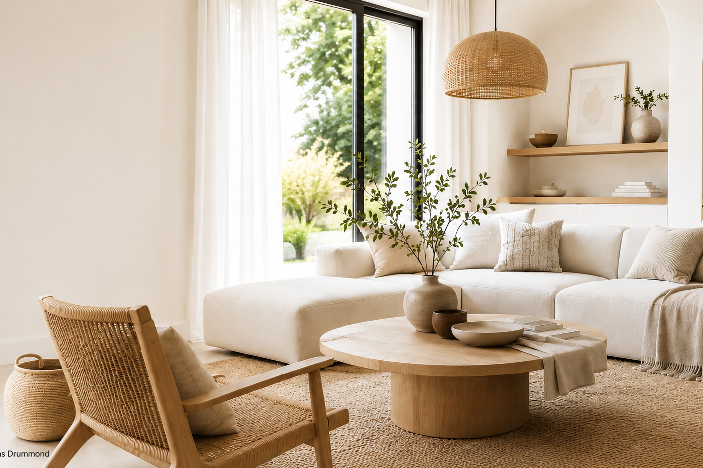 Salon moderne lumineux aux nuances de blanc chaud et textures naturelles inspiré des tendances actuelles en décoration intérieure
