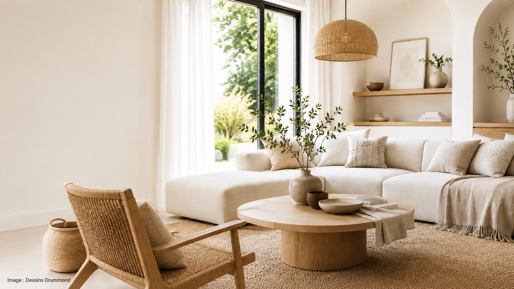 Salon moderne lumineux aux nuances de blanc chaud et textures naturelles inspiré des tendances actuelles en décoration intérieure