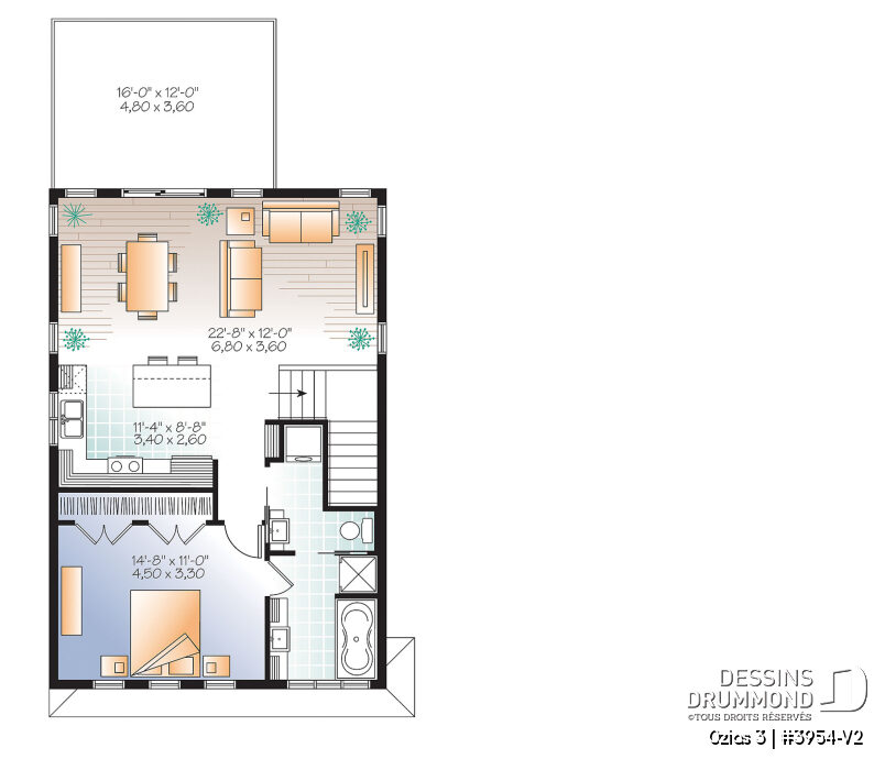 Plan appartement 1 chambre au-dessus du garage Ozias 3 3954-V2 avec aire ouverte et grande terrasse