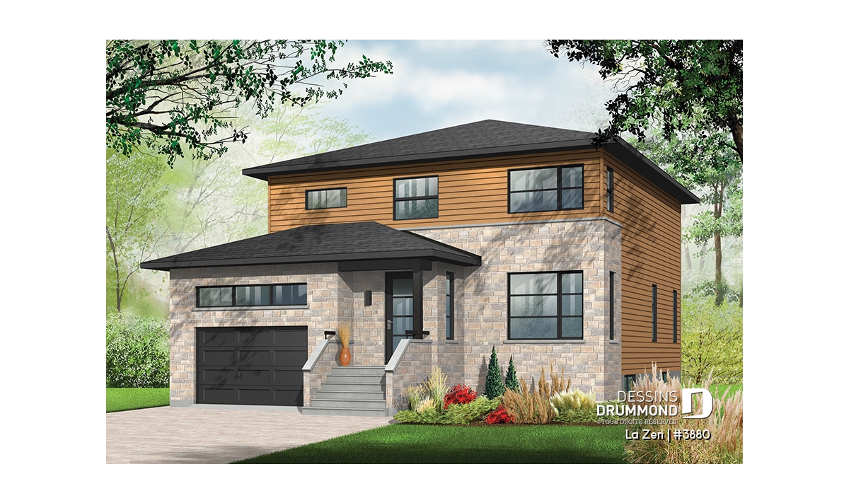 Cottage moderne 4 chambres La Zen 3880 avec garage intégré, façade contemporaine, revêtement de pierre et accents de bois