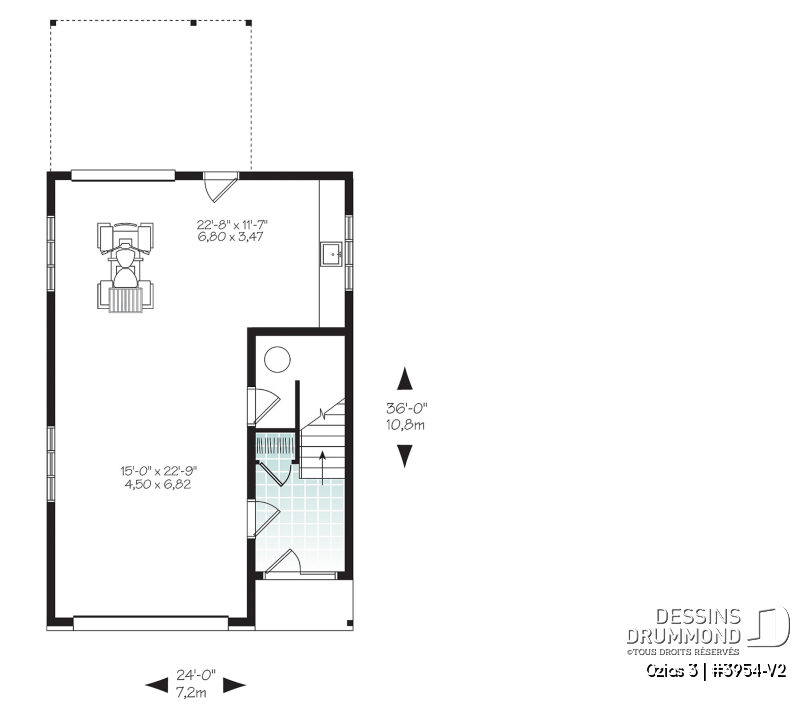Plan de garage avec atelier et rangement Ozias 3 3954-V2 comprenant un vaste espace multifonctionnel au rez-de-chaussée