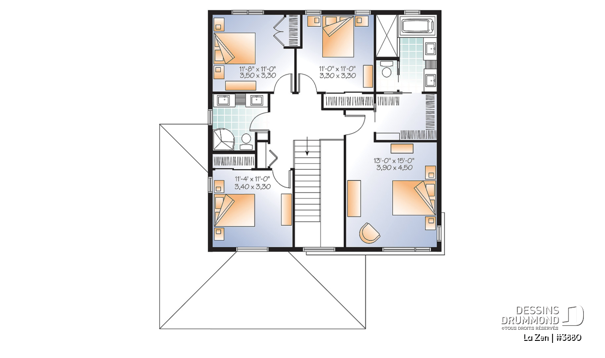 Plan d'étage La Zen 3880 avec 4 chambres, suite principale, walk-in et deux salles de bain
