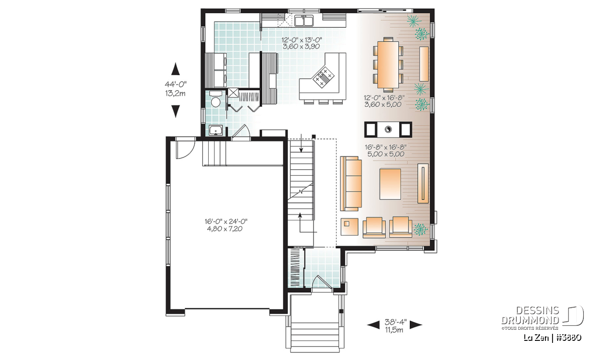 Plan du rez-de-chaussée La Zen 3880 avec cuisine à îlot, garde-manger walk-in, salle à manger, foyer et garage intégré