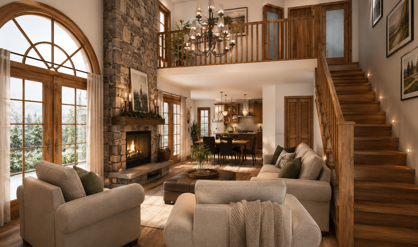 Intérieur chaleureux du chalet Lodge (#3925) avec foyer en pierre, mezzanine, plafond cathédrale et aire de vie ouverte