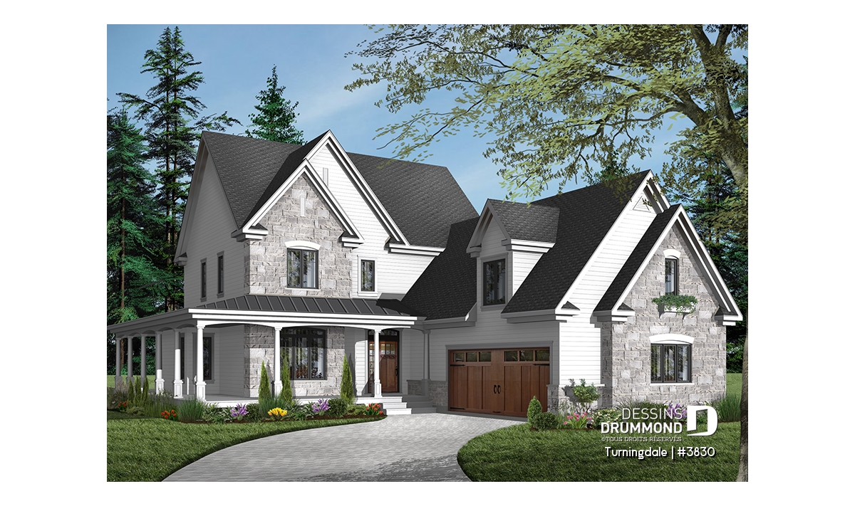 Maison à étage Turningdale (#3830) avec garage double, galerie couverte et façade européenne claire