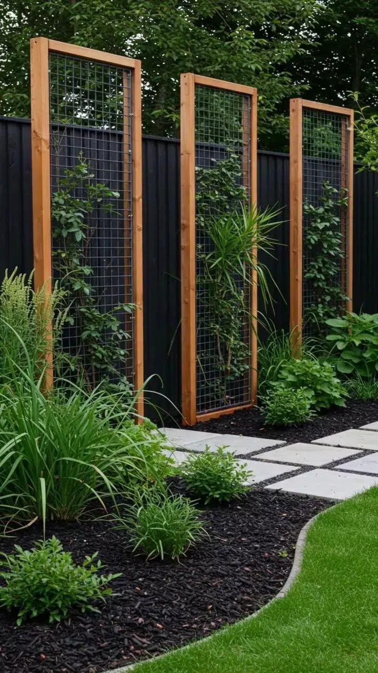 Panneaux de bois multifonction servant de clôture décorative pour terrasse, jardin ou cour arrière moderne.