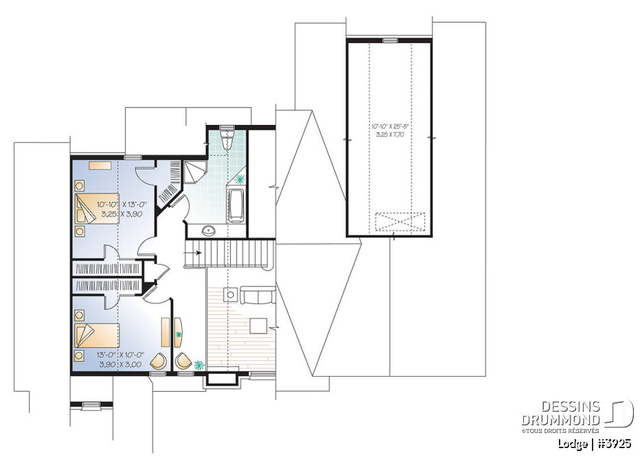 Plan de l’étage du chalet Lodge (#3925) avec chambres, mezzanine et espaces pour invités