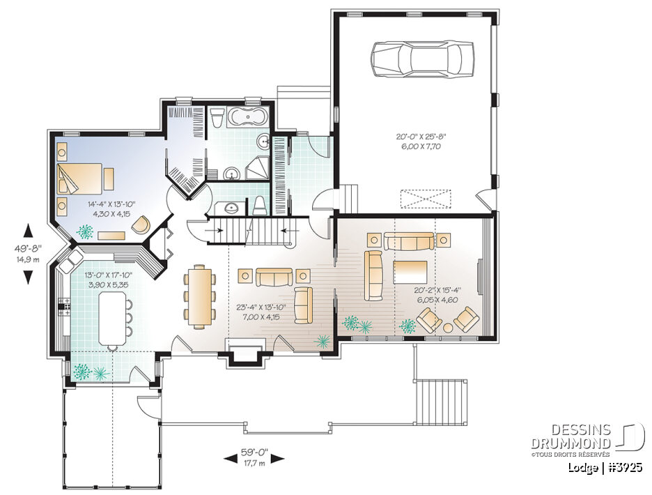 Plan du rez-de-chaussée du chalet Lodge (#3925) avec suite des maîtres, aire ouverte, garage double et terrasse