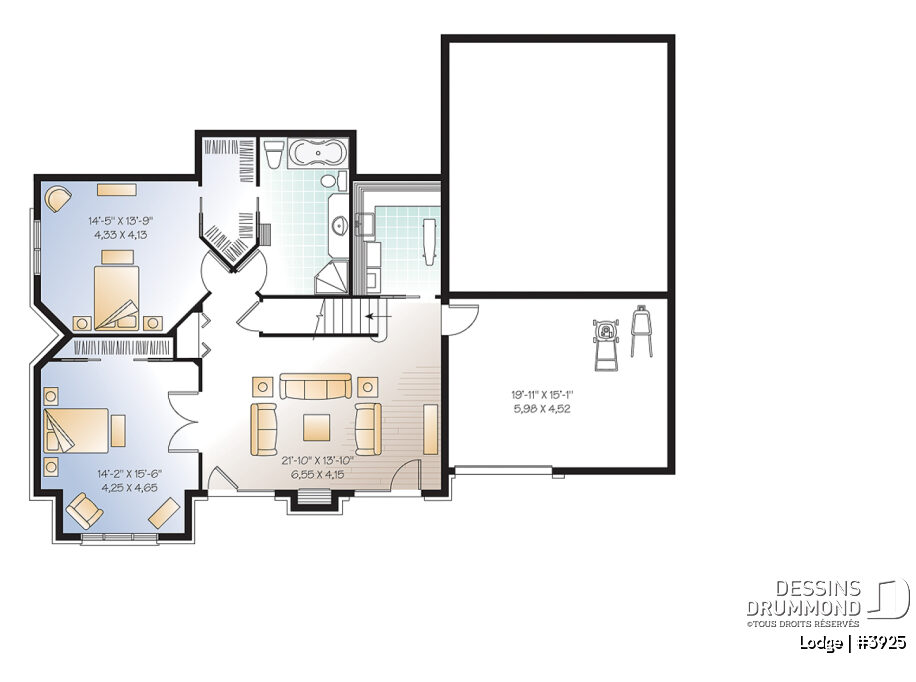 Plan du sous-sol aménagé du chalet Lodge (#3925) avec rez-de-jardin, chambres et salle familiale