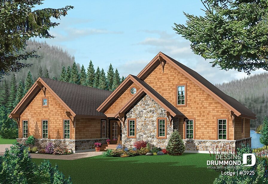 Façade avant du plan de chalet Lodge (#3925) avec garage double, architecture rustique et conception idéale pour terrain au bord de l’eau