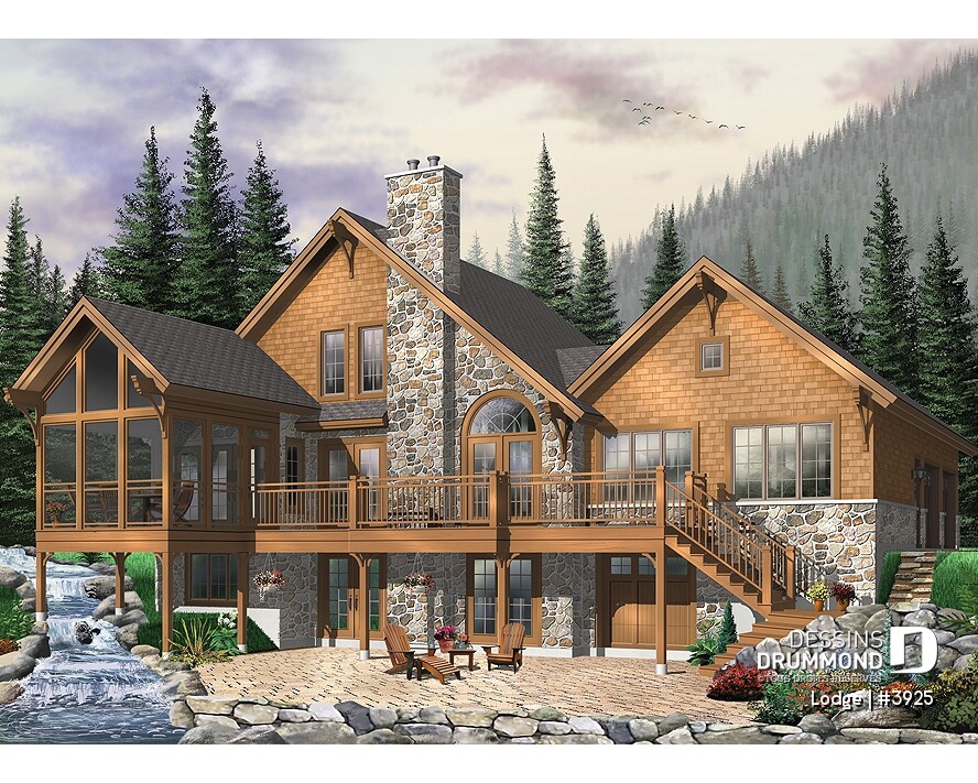 Façade avant du plan de chalet Lodge (#3925) avec rez-de-jardin, garage double, terrasse et architecture idéale pour terrain au bord de l’eau