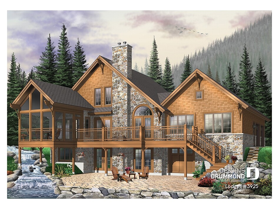 Façade avant du plan de chalet Lodge (#3925) avec rez-de-jardin, garage double, terrasse et architecture idéale pour terrain au bord de l’eau