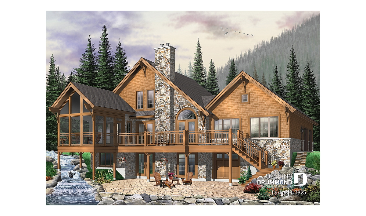 Façade avant du plan de chalet Lodge (#3925) avec rez-de-jardin, garage double, terrasse et architecture idéale pour terrain au bord de l’eau