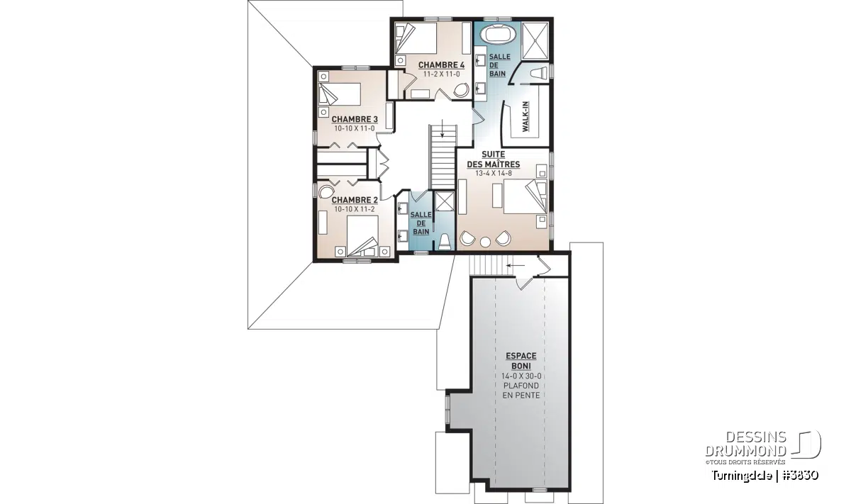 Plan d’étage du Turningdale (#3830) avec 4 chambres, suite des maîtres et grand espace boni polyvalent