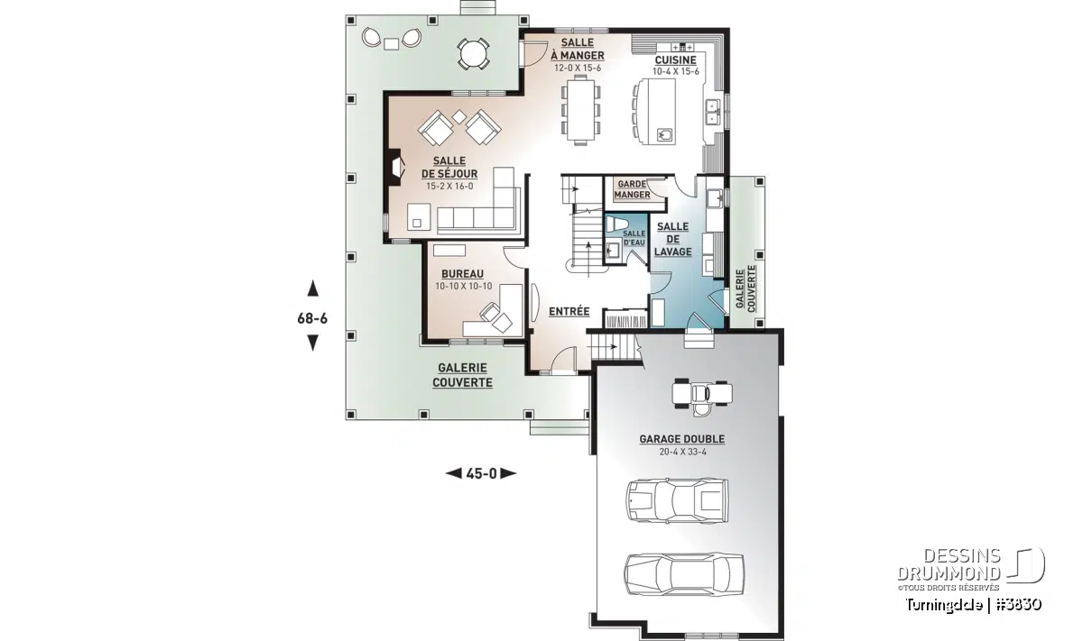 Plan de plancher du Turningdale (#3830) avec aire ouverte, bureau, garage double et galerie couverte