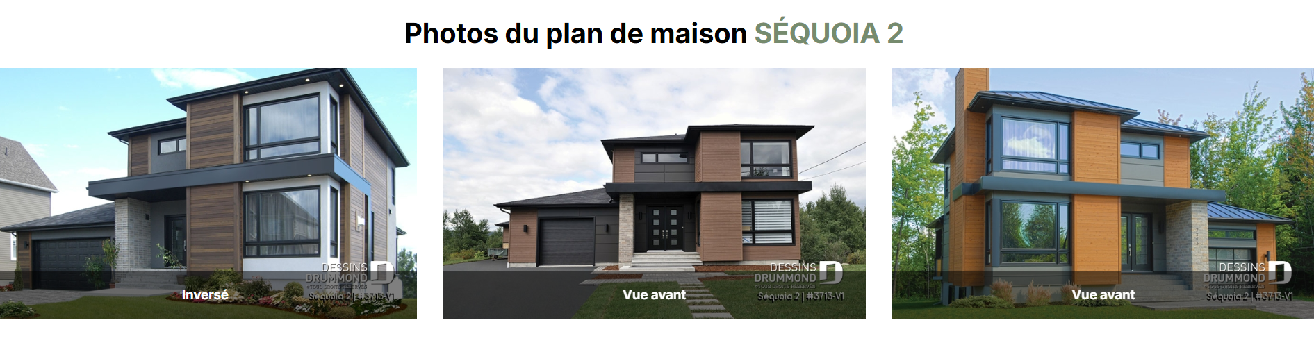 Trois versions du plan de maison contemporaine Sequoia 2 (#3713-V1) avec garage et grandes fenêtres