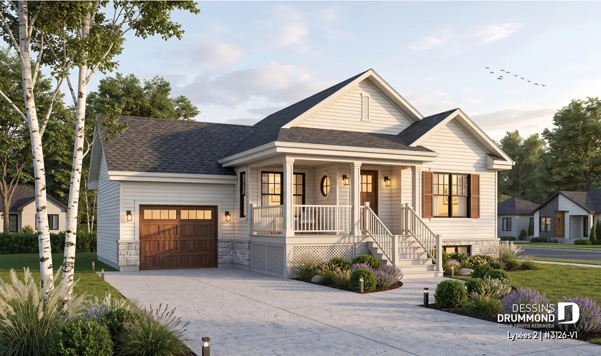 Maison plain-pied farmhouse Lysées 2 (#3126-V1) avec garage, galerie couverte et façade chaleureuse