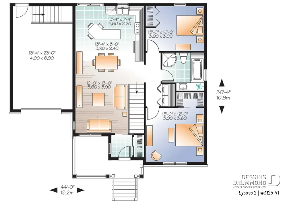 Plan de plancher du Lysées 2 (#3126-V1) avec aire ouverte, garage intégré, balcon couvert et accès au sous-sol