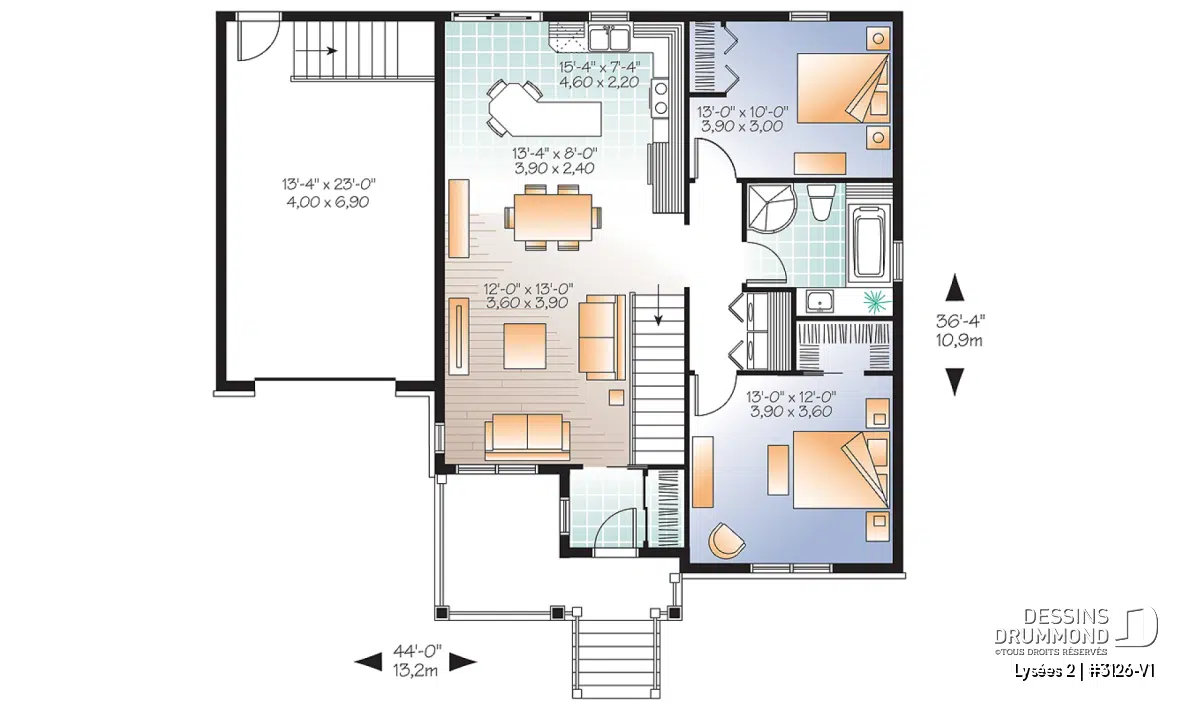 Plan de plancher du Lysées 2 (#3126-V1) avec aire ouverte, garage intégré, balcon couvert et accès au sous-sol