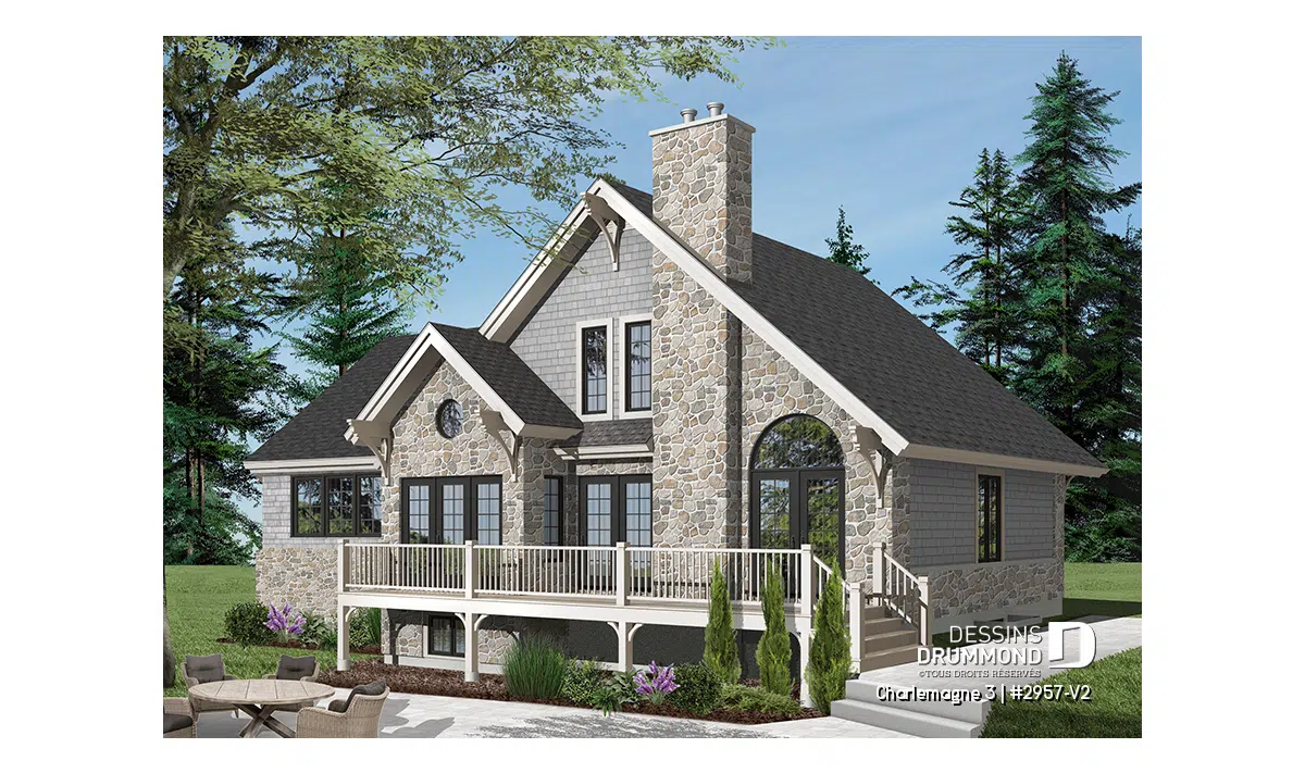 Façade d’un chalet rustique avec garage, foyer central, plafond cathédrale et grande terrasse – plan Charlemagne 3 2957-V2 de Dessins Drummond