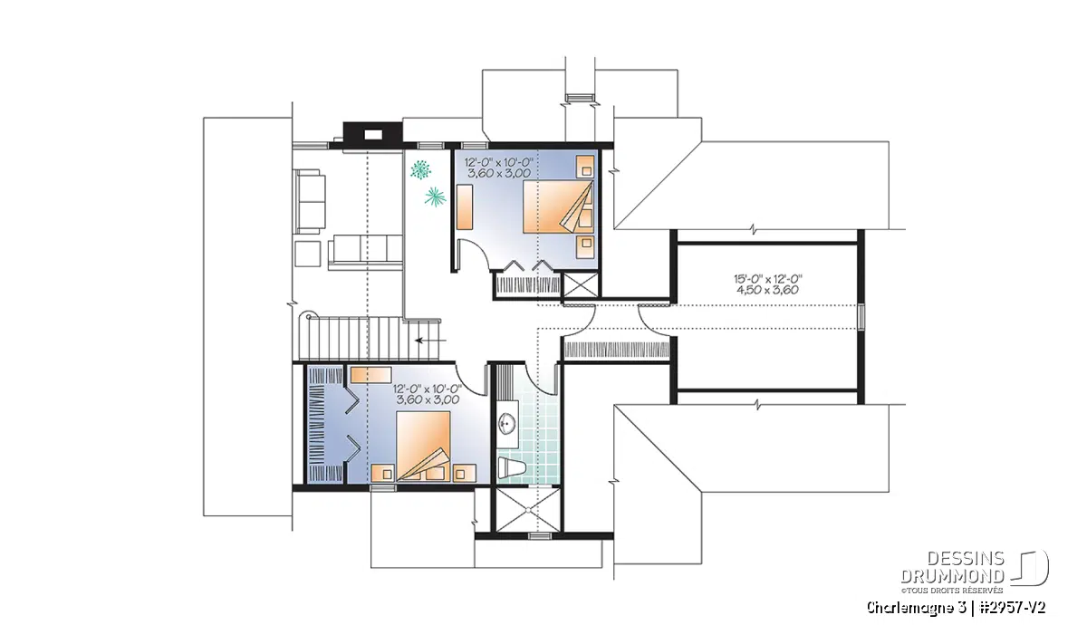 Plan de l’étage d’un chalet rustique avec deux chambres, mezzanine et espace boni aménageable – modèle Charlemagne 3 2957-V2 de Dessins Drummond