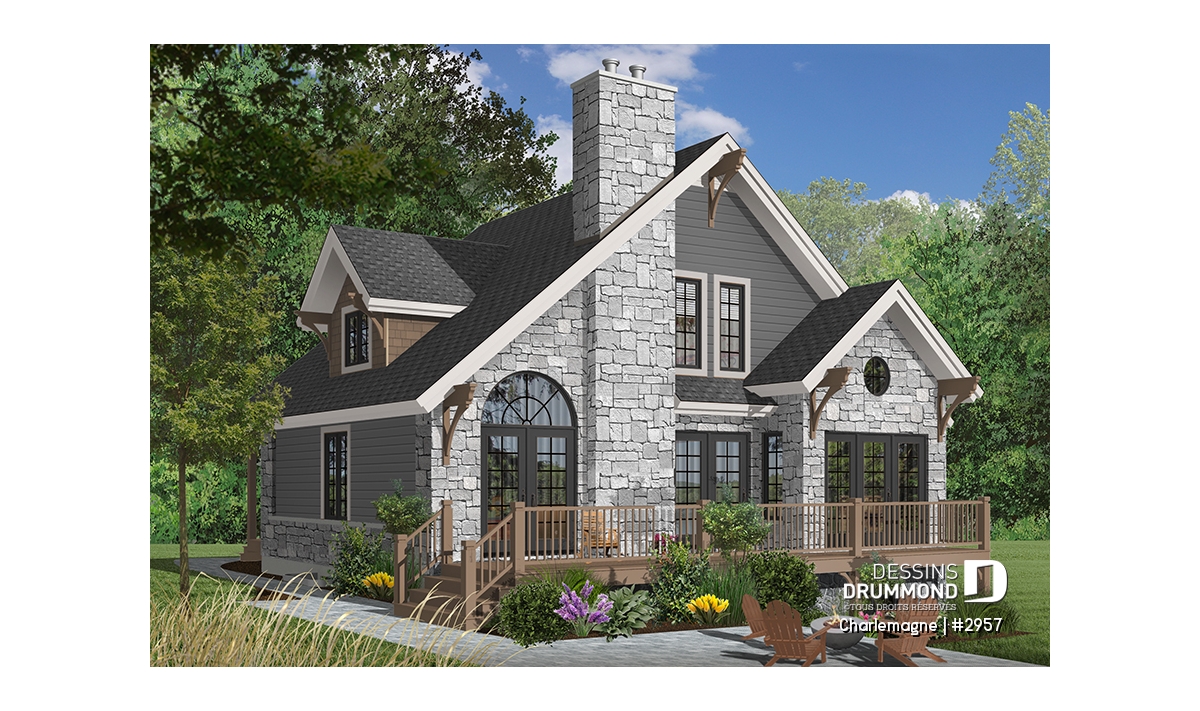 Façade d’un chalet 4 saisons lumineux de style rustique moderne avec grande cheminée de pierre, mezzanine et vaste terrasse – plan Charlemagne 2957 de Dessins Drummond