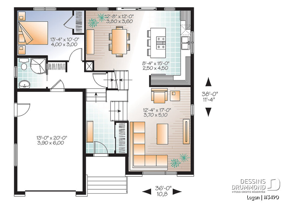 Plan de plancher principal Logan 3490 avec cuisine à îlot, salle à manger, salle de séjour, chambre et garage intégré