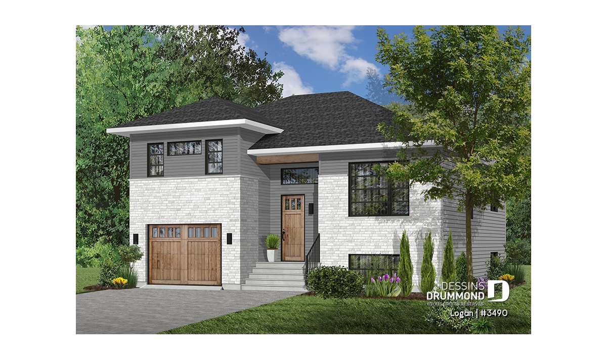 Plan de maison à paliers contemporain Logan 3490 avec garage intégré, façade moderne, revêtement de brique et terrain étroit