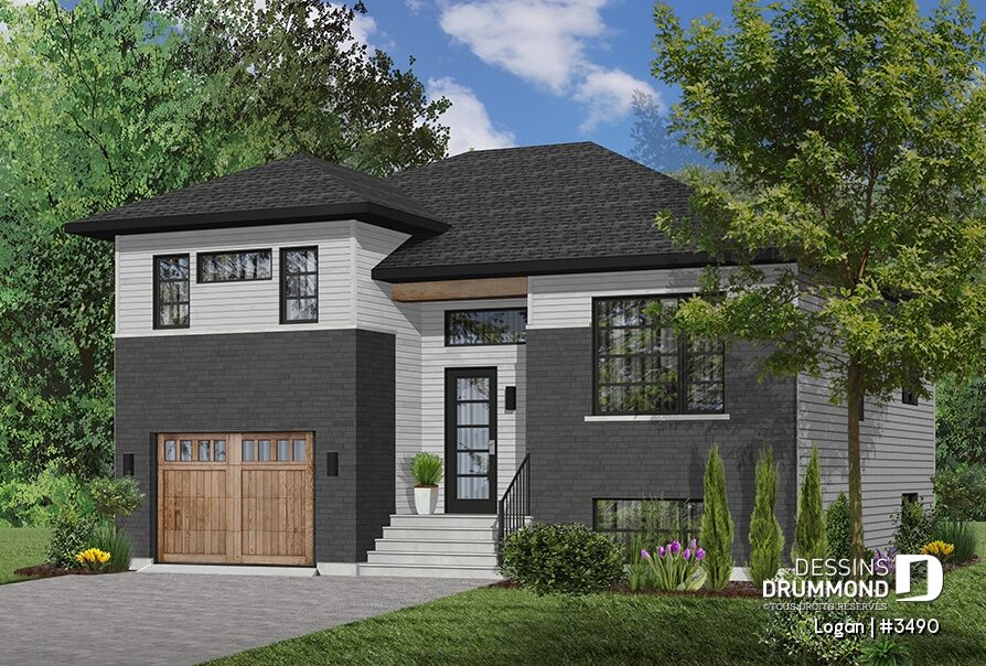 Plan de maison à paliers contemporain Logan 3490 avec brique foncée, garage intégré, façade moderne et terrain étroit
