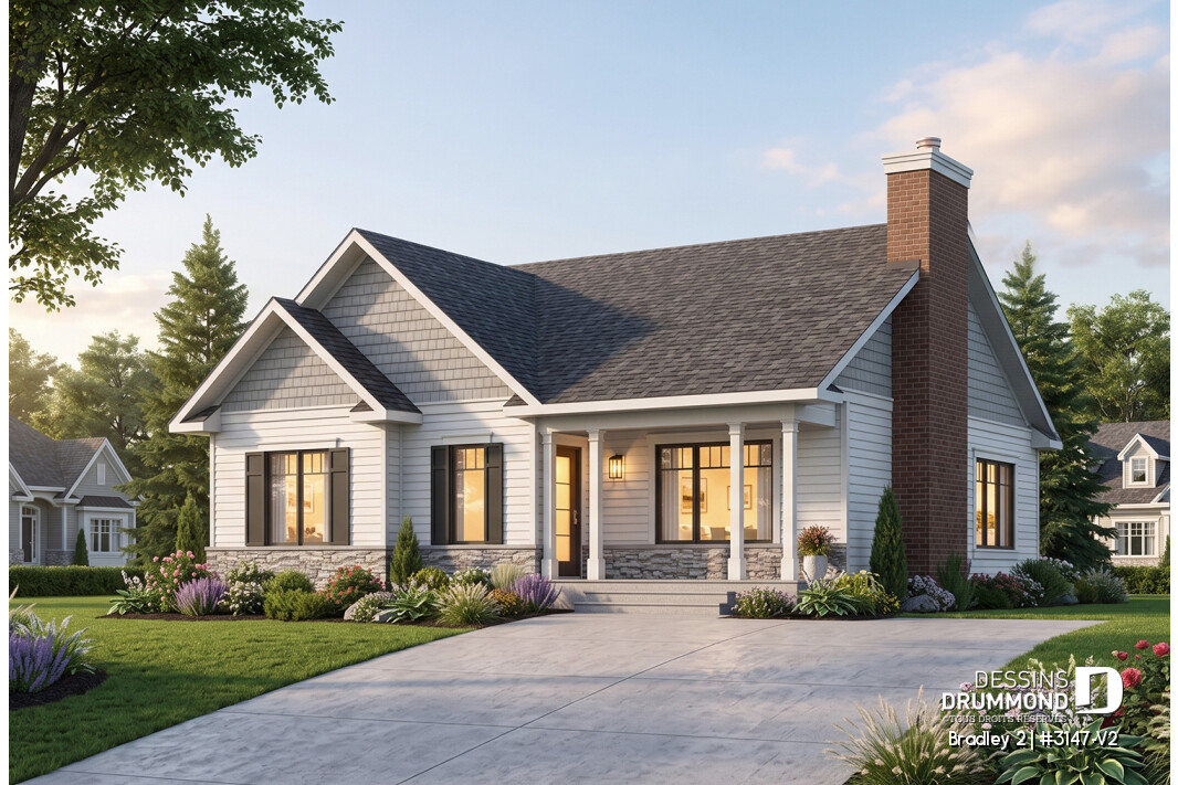 Façade d’une maison plain-pied de style Craftsman avec foyer, galerie couverte et grande aire ouverte – plan Bradley 2 3147-V2 de Dessins Drummond