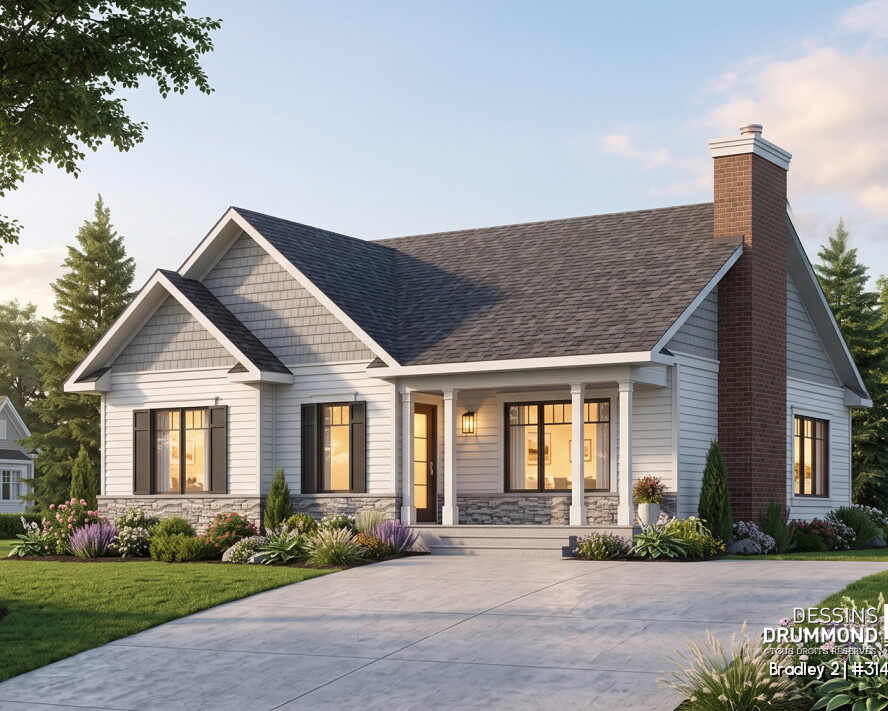 Façade d’une maison plain-pied de style Craftsman avec foyer, galerie couverte et grande aire ouverte – plan Bradley 2 3147-V2 de Dessins Drummond
