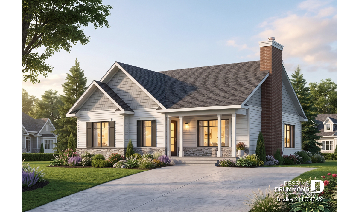 Façade d’une maison plain-pied de style Craftsman avec foyer, galerie couverte et grande aire ouverte – plan Bradley 2 3147-V2 de Dessins Drummond