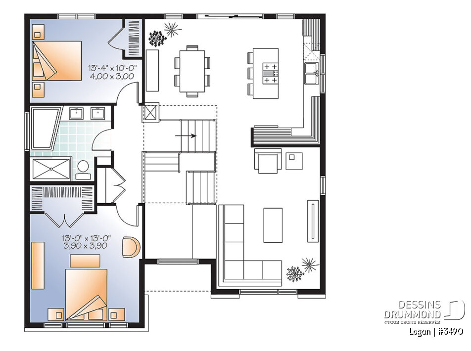 Plan d'étage Logan 3490 avec deux chambres, salle de bain complète, walk-in et mezzanine