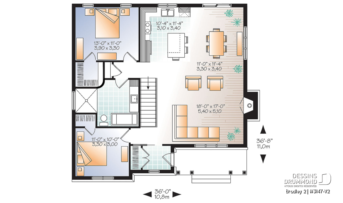 Plan du rez-de-chaussée d’une maison plain-pied avec aire ouverte, foyer, îlot central et deux chambres – modèle Bradley 2 3147-V2 de Dessins Drummond