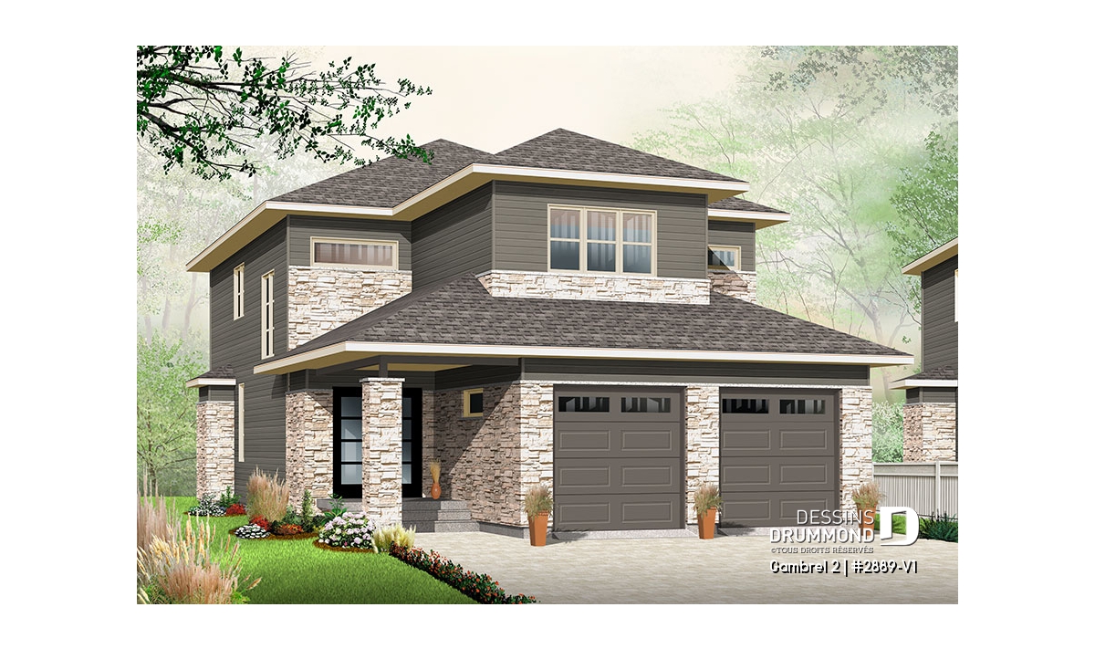 Façade du plan de maison contemporaine 2889-V1 avec garage double conçue pour terrain étroit