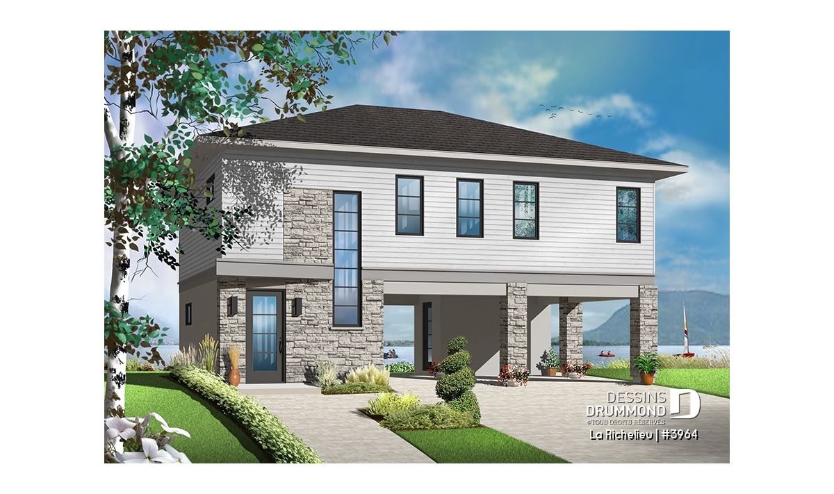 Plan de maison moderne La Richelieu #3964 conçu pour terrain en zone inondable et bord de l’eau